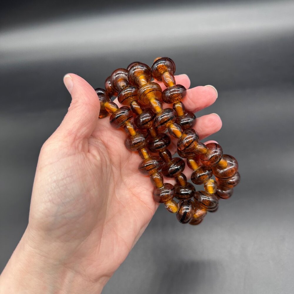 Vintage Amber Glass Bead Necklace Lampwork Swirl Handmade Heavy Jewelry Brown - Picture 5 of 7